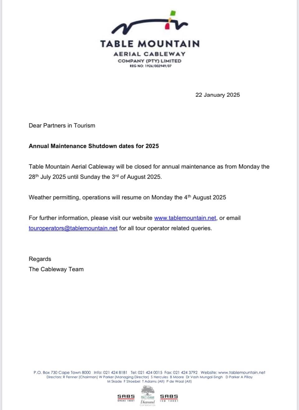 Table Mountain Cableway Maintenance Shutdown Dates